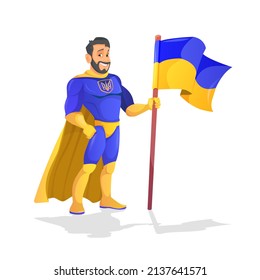 Handsome cartoon superhero standing with Ukrainian flag and heroic with a friendly smile on white background