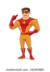 handsome cartoon superhero wearing a mask is standing with thumb up and happy smiling