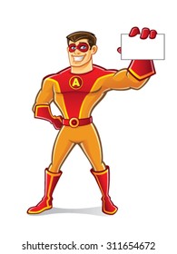 handsome cartoon superhero wearing a mask is showing the card to the front of viewers with a smile