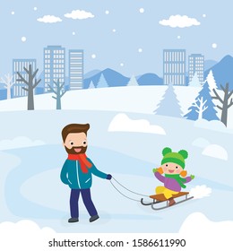 Handsome caucasian father rides happy kid girl on sled. Winter urban view on background. Funny family, outdoor activity. Cartoon dad and preschooler daughter, people characters. Vector illustration