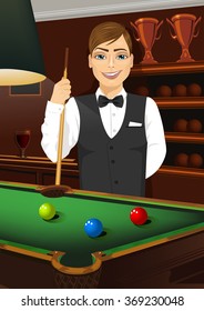 handsome caucasian man holding cue stick
