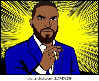 Handsome, cheerful African American executive businessman. Person of color smoking. Young attractive dark-skinned man. Vector illustration in Comic Book Pop Art retro