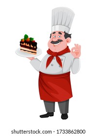 Handsome chef cartoon character holding a piece of tasty chocolate cake. Cheerful cook in professional uniform. Vector illustration