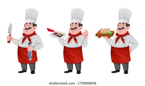 Handsome chef cartoon character, set of three poses. Cheerful cook in professional uniform preparing sushi rolls. Vector illustration
