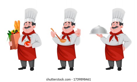 Handsome chef cartoon character, set of three poses. Cheerful cook in professional uniform. Vector illustration