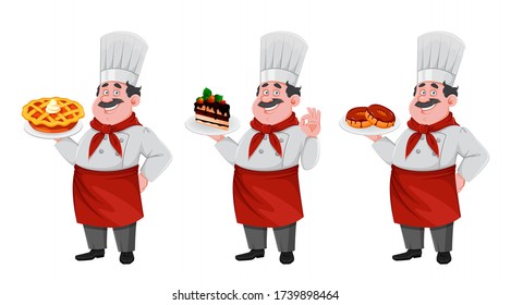 Handsome chef cartoon character, set of three poses. Cheerful cook in professional uniform holding sweet desserts. Vector illustration