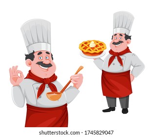 Bonito personaje de caricatura de chef, conjunto de dos poses. Alegre cocinar con uniforme profesional. Ilustración del vector