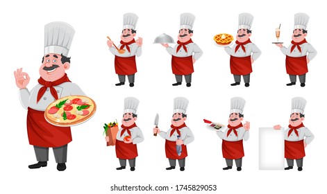 Handsome chef cartoon character, set of nine poses. Cheerful cook in professional uniform. Vector illustration