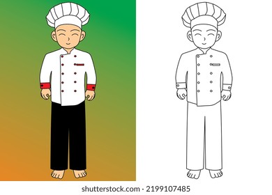 A handsome chef cartoon. Cartoon character of various professions. Flat vector illustration for kids coloring activity. Coloring worksheet for children