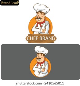 Handsome chef with cheerful smile in hat and uniformBakery, bistro, restaurant stylized emblem template with chef silhouetteChef with fork and spatula for barbecue logo. Grill food emblem. Cartoon.