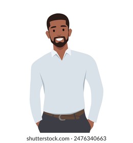 Handsome confident bearded man bear in jeans with hands in pocket. Flat vector illustration isolated on white background