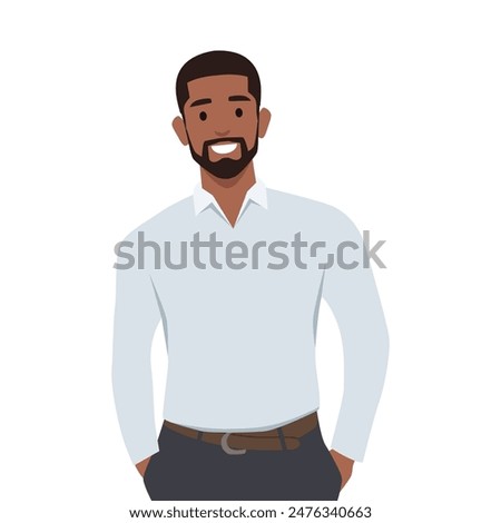Handsome confident bearded man bear in jeans with hands in pocket. Flat vector illustration isolated on white background