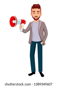 Handsome confident business man holds loudspeaker. Cartoon character businessman in casual clothes. Vector illustration on white background