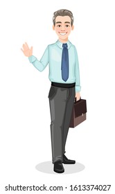 Handsome confident business man holds briefcase. Businessman cartoon character. Stock vector