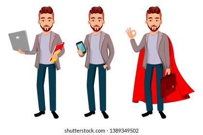 Handsome confident business man, set of three poses. Cartoon character businessman in casual clothes holds laptop, holds smartphone and shows ok sign. Vector illustration