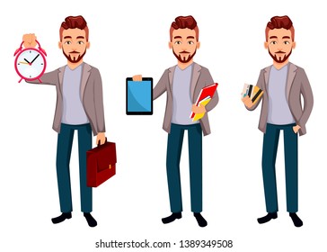 Handsome confident business man, set of three poses. Cartoon character businessman in casual clothes holds alarm clock, holds laptop and holds credit cards. Vector illustration