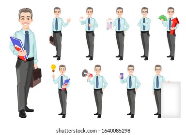 Handsome confident business man, set of ten poses. Businessman cartoon character. Stock vector