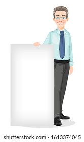 Handsome confident business man stands near big blank banner. Businessman cartoon character. Stock vector