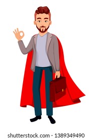 Handsome confident business man in superhero cloak shows ok sign. Cartoon character businessman in casual clothes. Vector illustration on white background