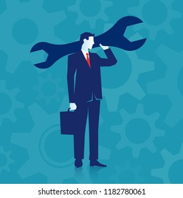 Handsome confident businessman guy business man in formal wear is holding a huge wrench. Technical support concept. Eps 10 Vector illustration, Minimalist white blue flat style modern design.