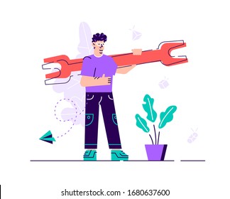 Handsome confident businessman is holding a huge wrench. Technical support concept. Flat style modern design vector illustration for web page, cards, poster, social media.