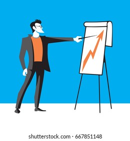 Handsome confident businessman making presentation on flipchart. Isolated on white background. Vector graphic illustration.