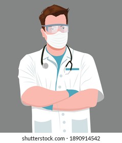 Handsome Confident Doctor flat illustration vector. Professional male doctor wears medical uniform with stethoscope, surgical mask, medical glasses, gloves. Medical clothes against COVID-19 pandemic