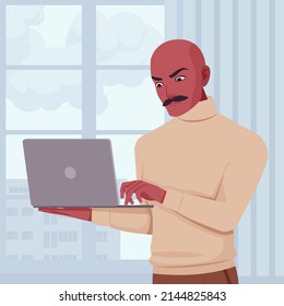 Handsome Confident Guy, Spanish Man, Latin America Person With Laptop. Office Man, Business Look Smart Manager In Beige Turtleneck Sweater, Social Media Profile Picture. Vector Flat Style Illustration