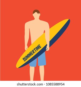 handsome cool clean surfer carton isolated hold surfboard vector flat design in summer on the beach on background & text summertime. man or male with Swimsuit. holiday cartoon. time for surfing wave