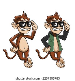 handsome and cool male monkey is standing holding sunglasses while smiling broadly, like a playboy teasing the ladies