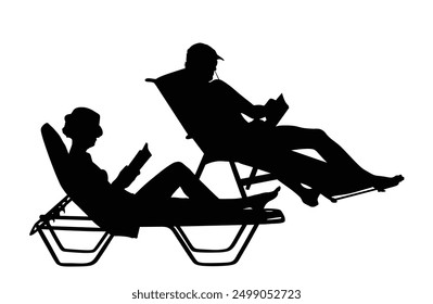 Handsome couple lying down on sun bed lounge chair on beach, reading book vector silhouette illustration isolated. Summer vacation by pool woman, man sunbathing. Girl boy relaxing enjoy. Relax family.