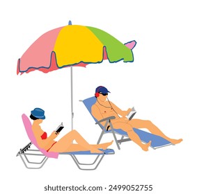 Hermosa pareja acostada en la tumbona en la playa y leyendo un libro bajo la sombrilla. Vacaciones de verano por mujer de la piscina, hombre tomando el sol. Niña y niño disfrutan relajándose. Relajar la Ilustración vectorial familiar