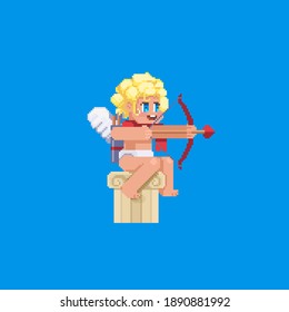 
A handsome cupid shoots a bow. Pixel art vector illustration for valentine's day