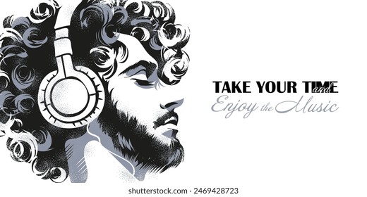 A handsome curly guy with a beard with his eyes closed enjoys music on headphones. Solitude, escapism, meditation. Vector monochrome poster