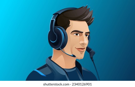 handsome customer service isolated Avatar with haircut wearing Headphones, Tele sales, Telecommunication,  Blue clothes, Vector Eps File