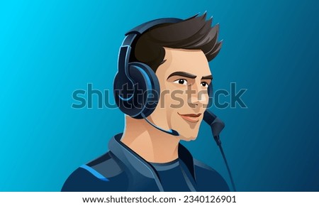handsome customer service isolated Avatar with haircut wearing Headphones, Tele sales, Telecommunication,  Blue clothes, Vector Eps File