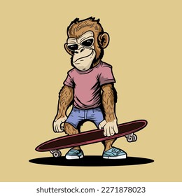 Schöner, scharfer Ape-Affen-Chimp mit Skateboard-Illustration, Vektorgrafik