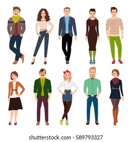 Handsome cute cartoon young fashion people isolated on white background. Casual wear men and women vector illustration