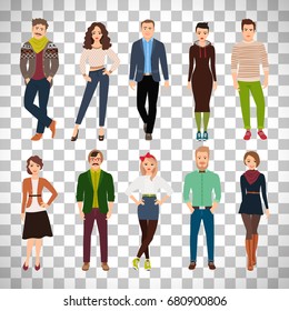 Schöne süße Cartoon junge Modemenschen einzeln auf transparentem Hintergrund. Casual wear men men and women, Vektorgrafik