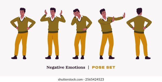 Handsome dark skin businessman bad anger pose set. Guy in v-neck pullover, knit sweater for modern office casual look, authentic pakistani indian male model. Vector flat style cartoon illustration