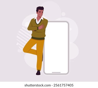 Handsome dark skin businessman confident smartphone lean pose. Guy in sweater modern casual look, authentic pakistani indian male model. Vector flat style cartoon illustration on creative background