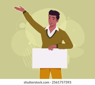 Handsome dark skin businessman empty banner pose adv show. Guy in sweater modern casual look, authentic pakistani indian male model. Vector flat style cartoon illustration, creative background color