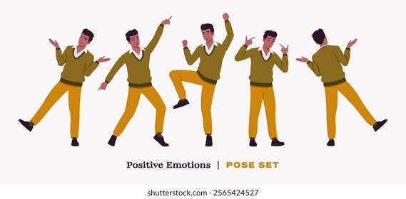 Handsome dark skin businessman happy fun pose set. Guy in v-neck pullover, knit sweater for modern office casual look, authentic pakistani indian male model. Vector flat style cartoon illustration