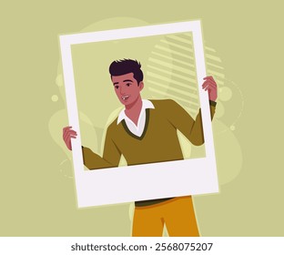 Handsome dark skin businessman picture photo frame pose fun. Guy in sweater modern casual look, authentic pakistani indian male model. Vector flat style cartoon illustration, creative background color