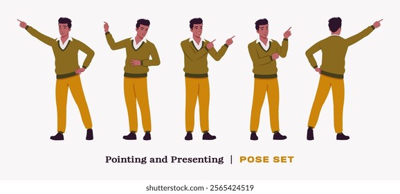 Handsome dark skin businessman point, present pose set. Guy in v-neck pullover, knit sweater for modern office casual look authentic pakistani indian male model. Vector flat style cartoon illustration