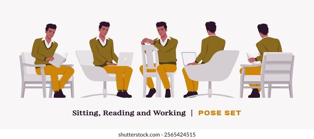 Handsome dark skin businessman sit, work pose set. Guy in v-neck pullover, knit sweater for modern office casual look, authentic pakistani indian male model. Vector flat style cartoon illustration