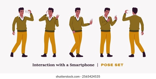 Handsome dark skin businessman smartphone use pose set. Guy in v-neck pullover knit sweater for modern office casual look, authentic pakistani indian male model. Vector flat style cartoon illustration