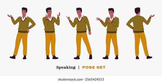 Handsome dark skin businessman speaking, talk pose set. Guy in v-neck pullover knit sweater for modern office casual look, authentic pakistani indian male model. Vector flat style cartoon illustration