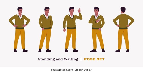 Handsome dark skin businessman stand, wait pose set. Guy in v-neck pullover, knit sweater for modern office casual look, authentic pakistani indian male model. Vector flat style cartoon illustration