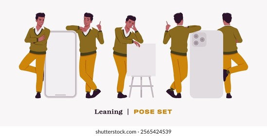 Handsome dark skin businessman stand, lean pose set. Guy in v-neck pullover, knit sweater for modern office casual look, authentic pakistani indian male model. Vector flat style cartoon illustration